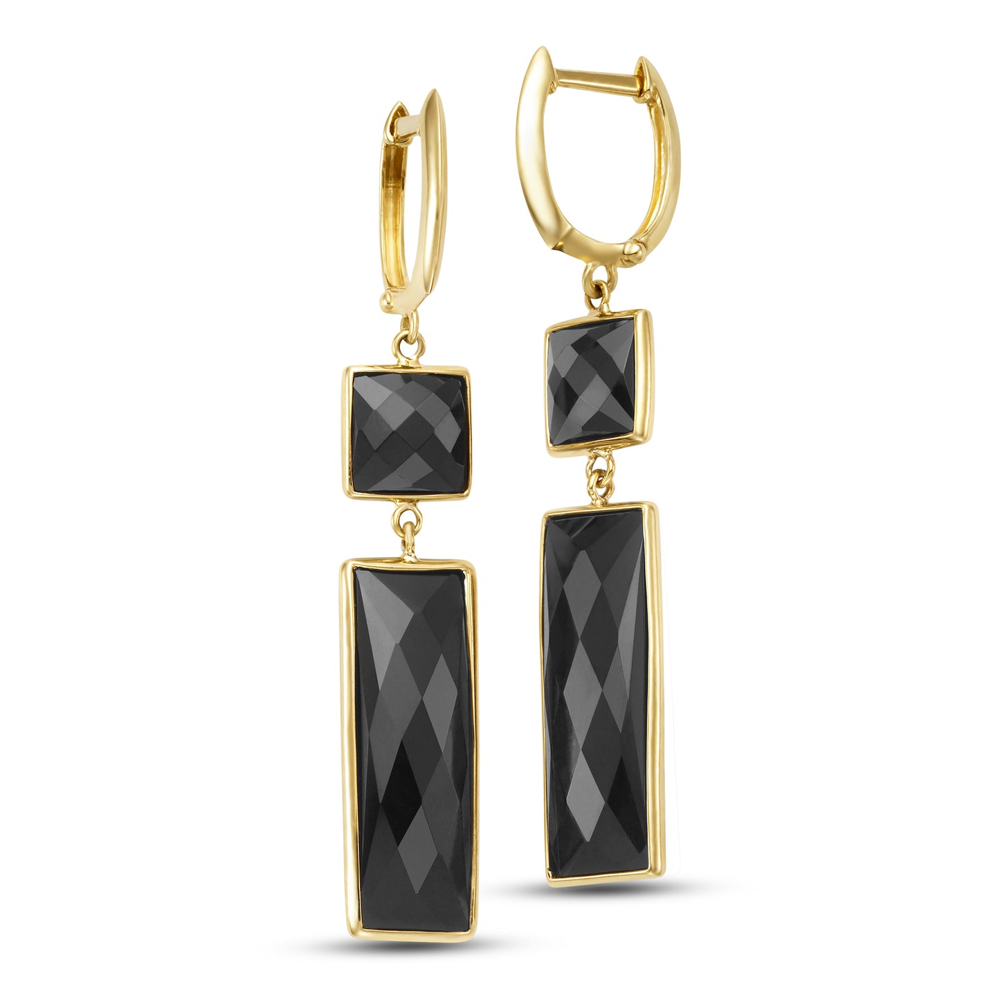 14k Black Onyx Square and Rectangle Bezel Dangle Earrings Huggie Hoop