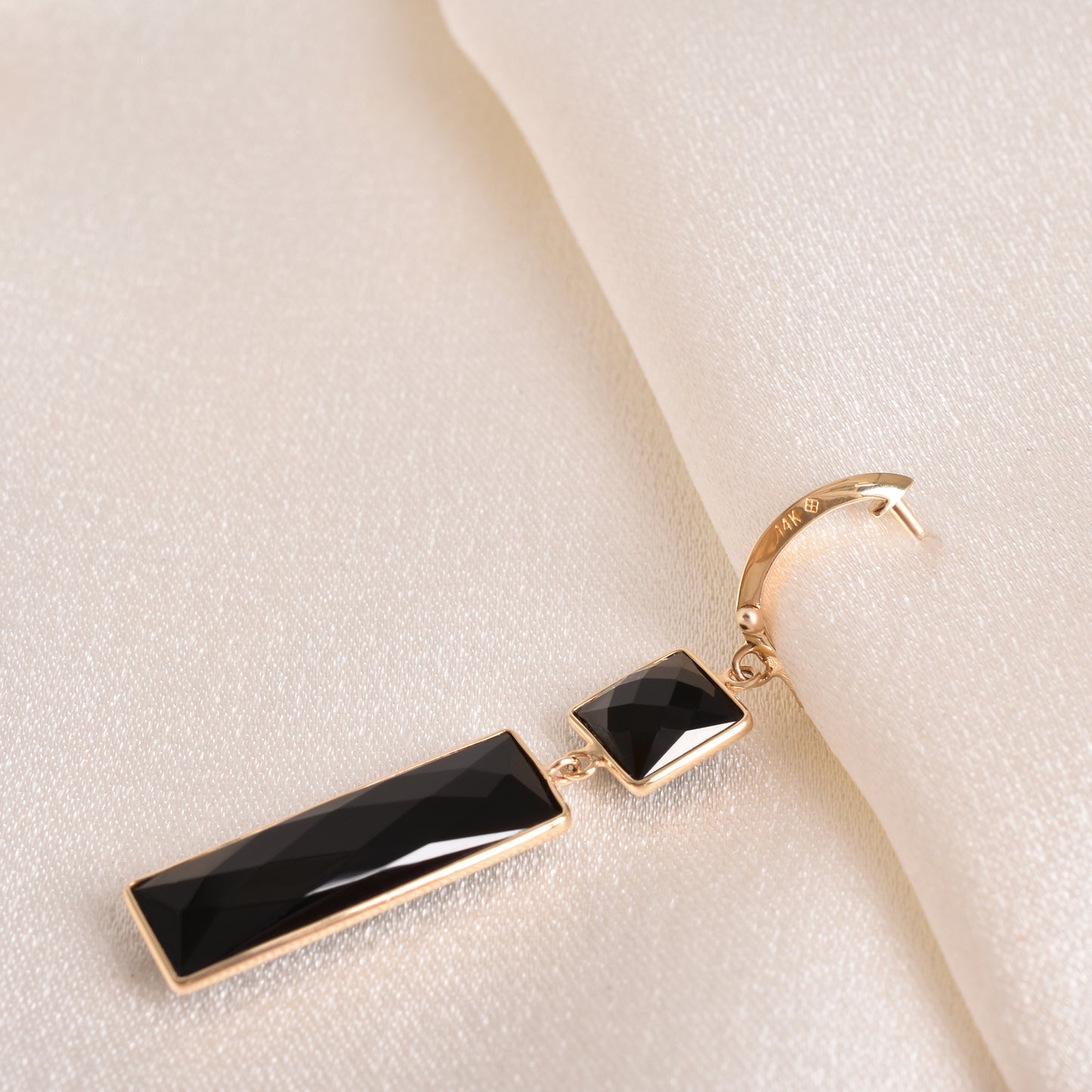 14k Black Onyx Square and Rectangle Bezel Dangle Earrings Huggie Hoop