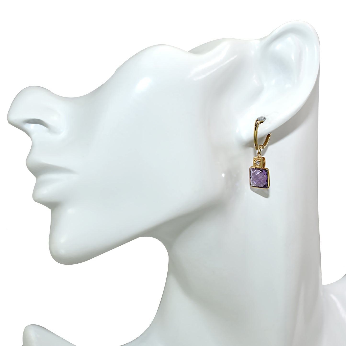 14k Amethyst Square Bezel Vs Diamond Huggie Hoop Earring