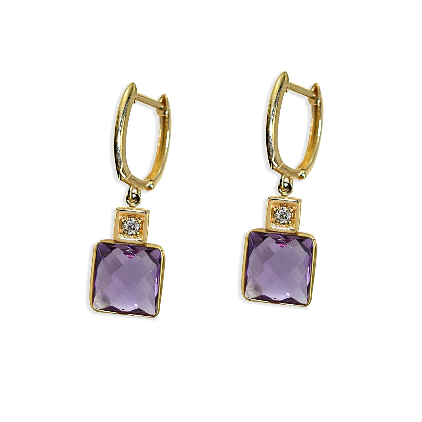 14k Amethyst Square Bezel Vs Diamond Huggie Hoop Earring