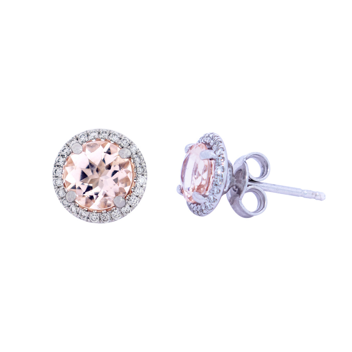 14k White Morganite Round VS Diamond Post Earring