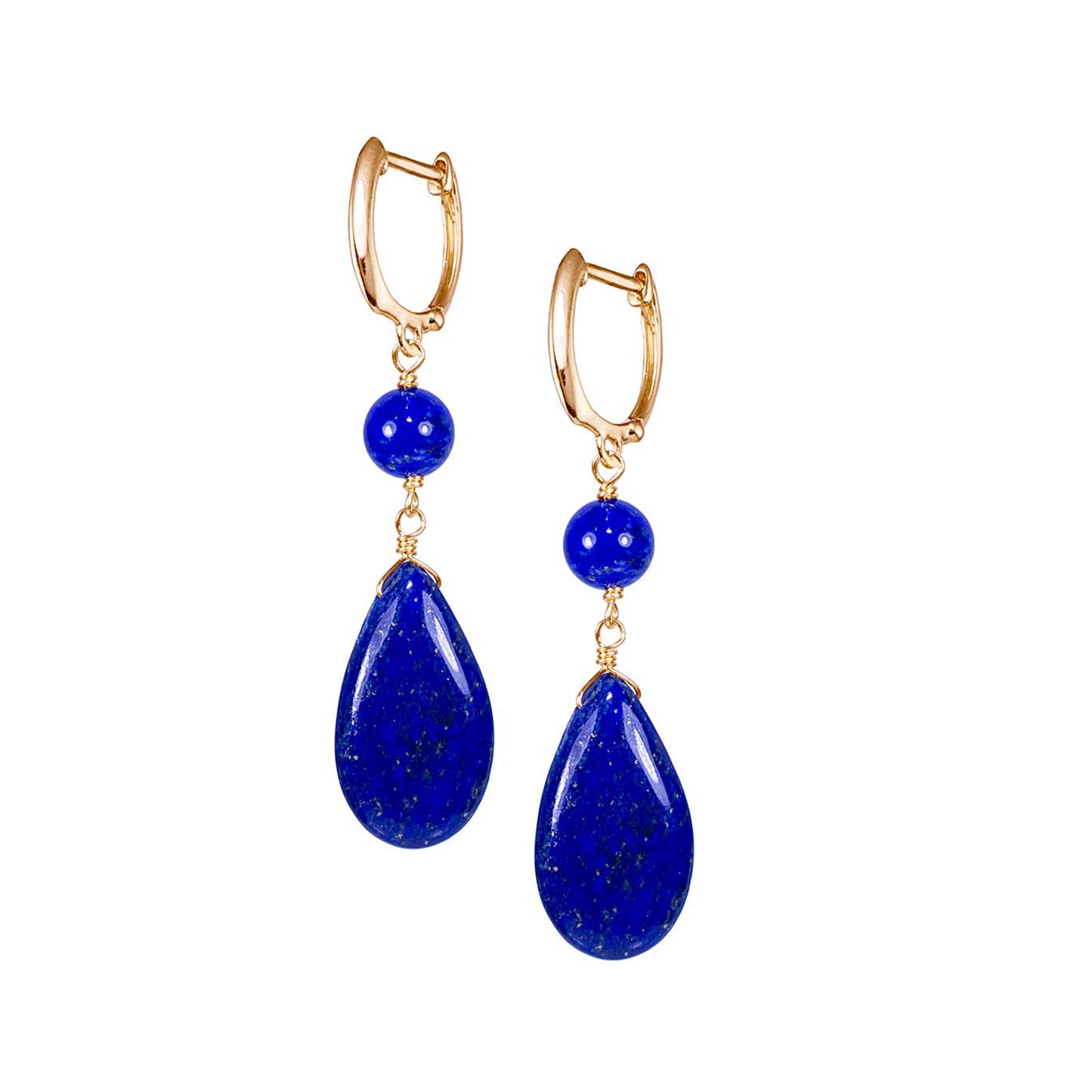 14k Lapis Round Pear Shape Huggie Hoop Dangle Earring