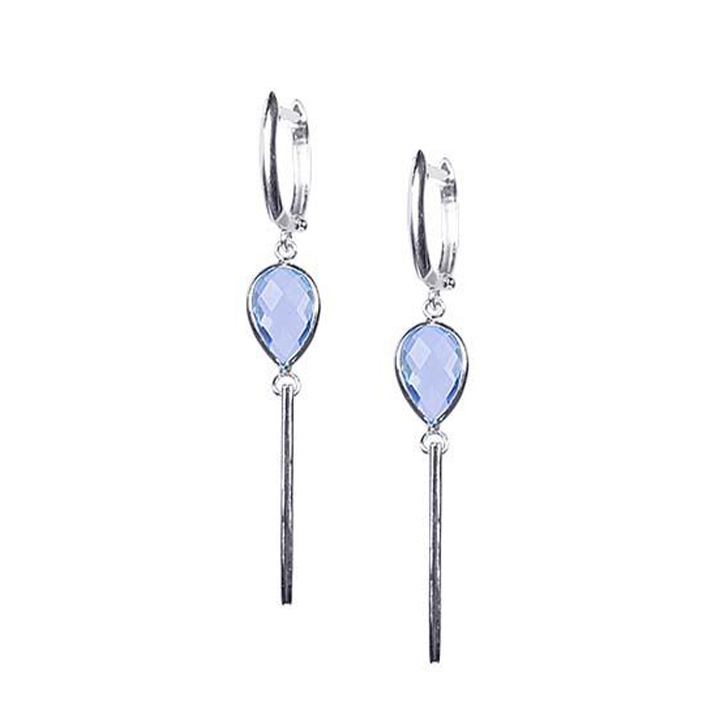 14k White Gold Blue Topaz Pear Bezel Gold Bar Huggie Hoop Dangle Earring