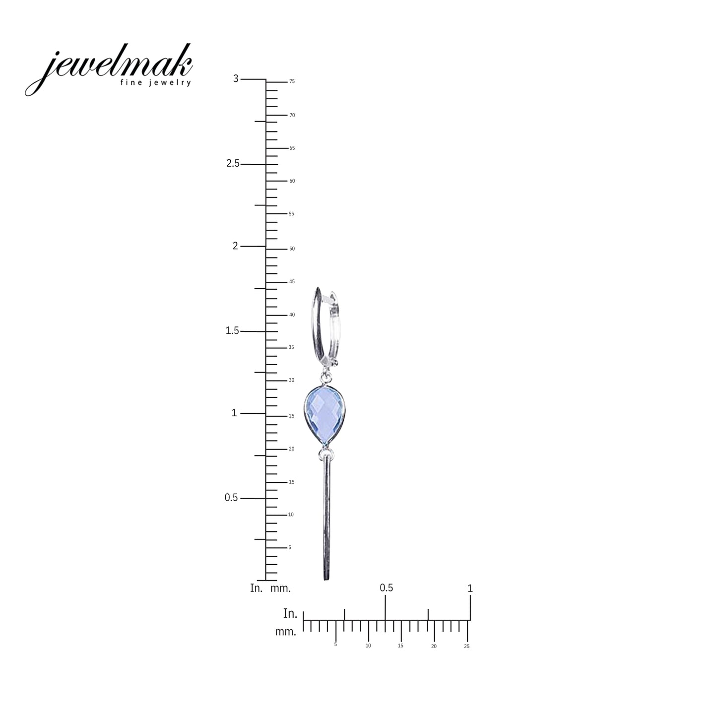 14k White Gold Blue Topaz Pear Bezel Gold Bar Huggie Hoop Dangle Earring