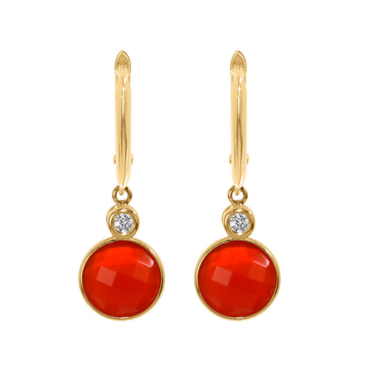14k Carnelian Coin Vs Diamond Roundel Huggie Hoop Drop Earring