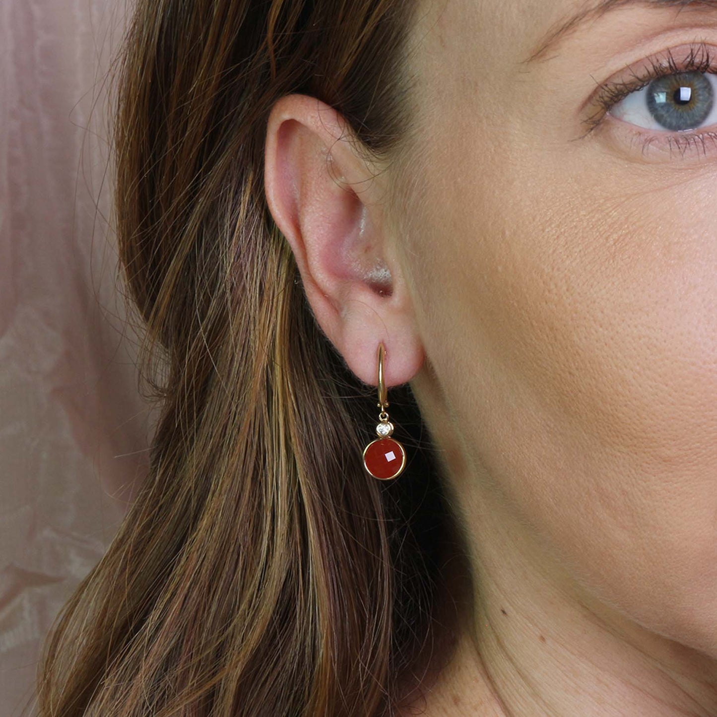 14k Carnelian Coin Vs Diamond Roundel Huggie Hoop Drop Earring