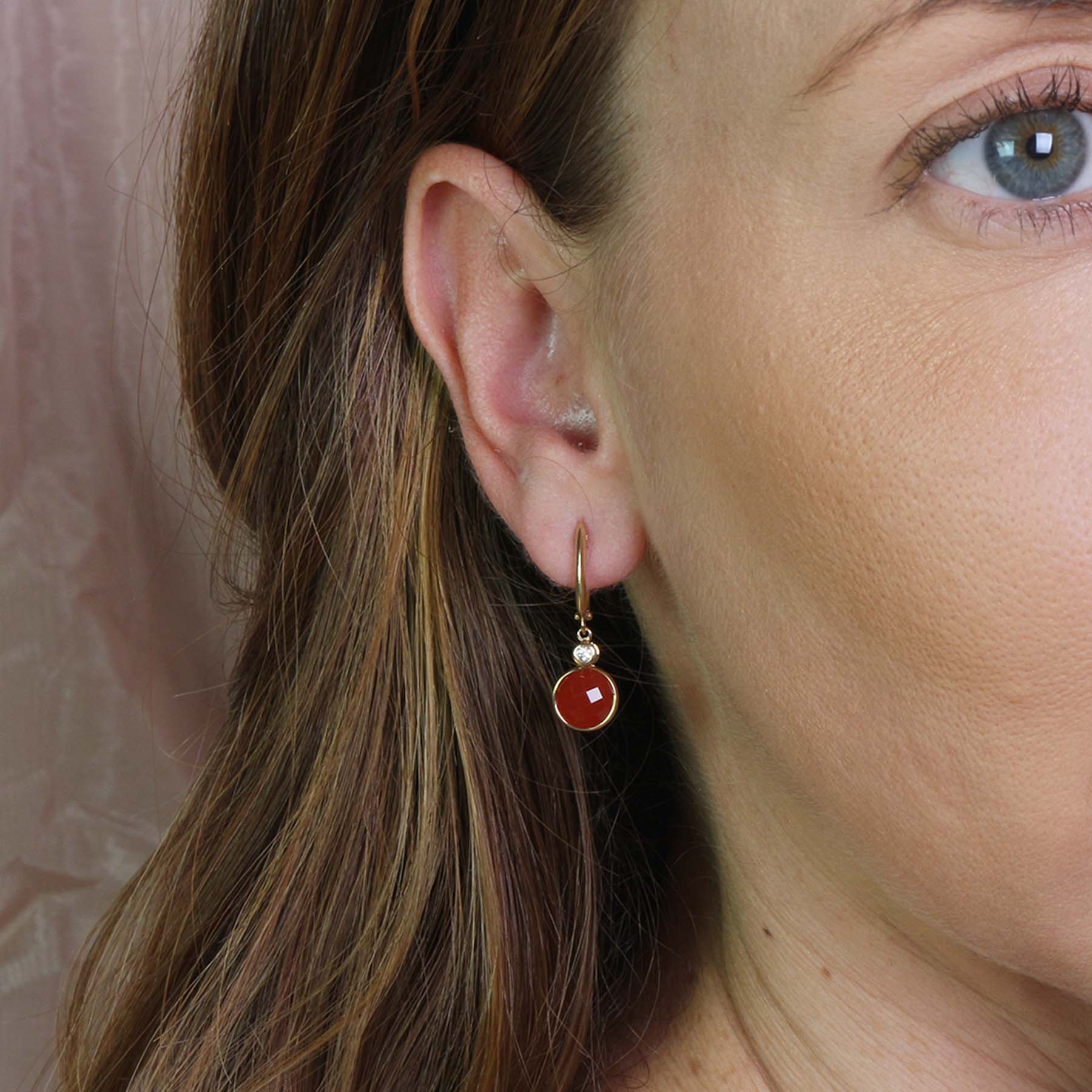 14k Carnelian Coin Vs Diamond Roundel Huggie Hoop Drop Earring