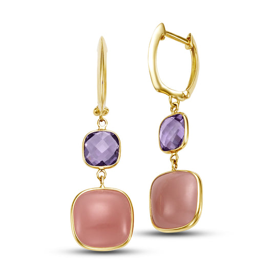 14k Amethyst & Guava Quartz Bezel Dangle Earrings Huggie Hoop