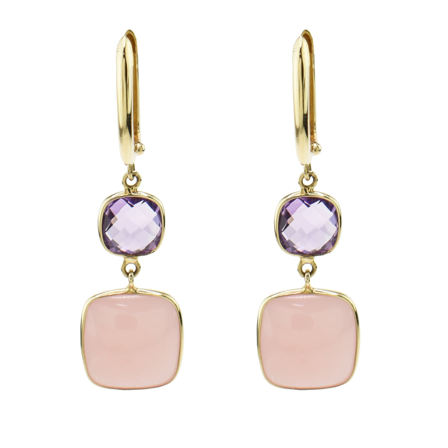 14k Amethyst & Guava Quartz Bezel Dangle Earrings Huggie Hoop