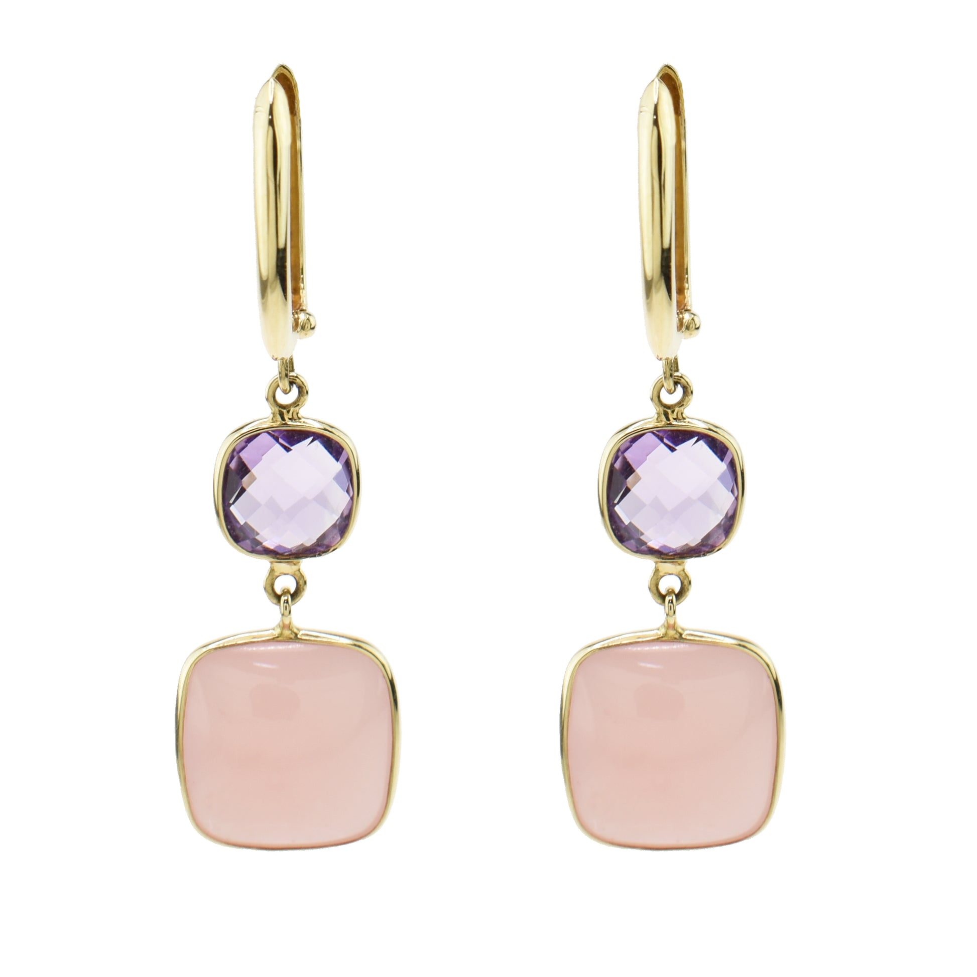 14k Amethyst & Guava Quartz Bezel Dangle Earrings Huggie Hoop
