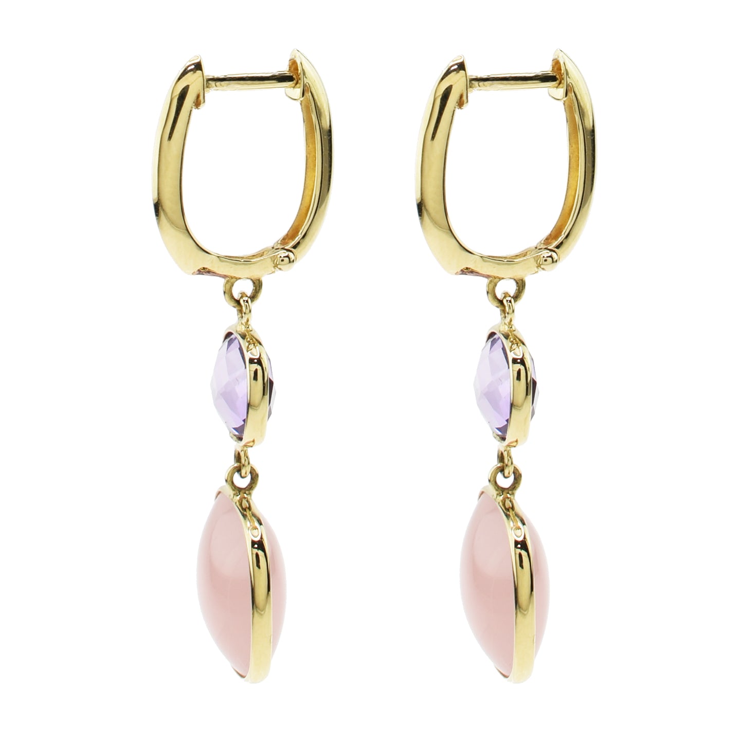 14k Amethyst & Guava Quartz Bezel Dangle Earrings Huggie Hoop