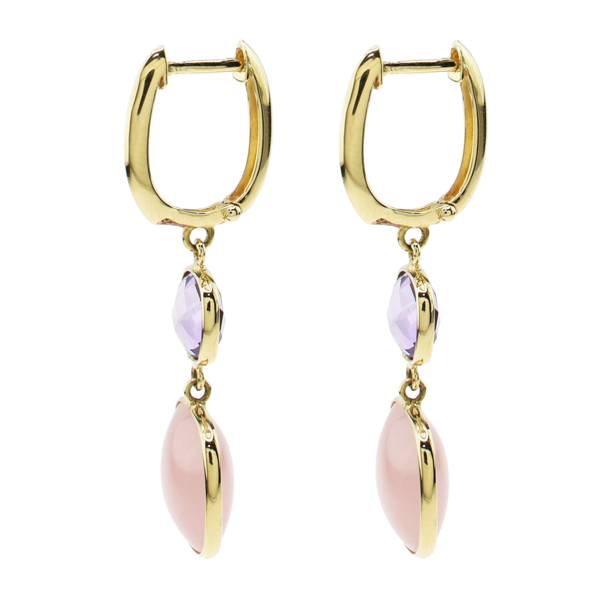 14k Amethyst & Guava Quartz Bezel Dangle Earrings Huggie Hoop