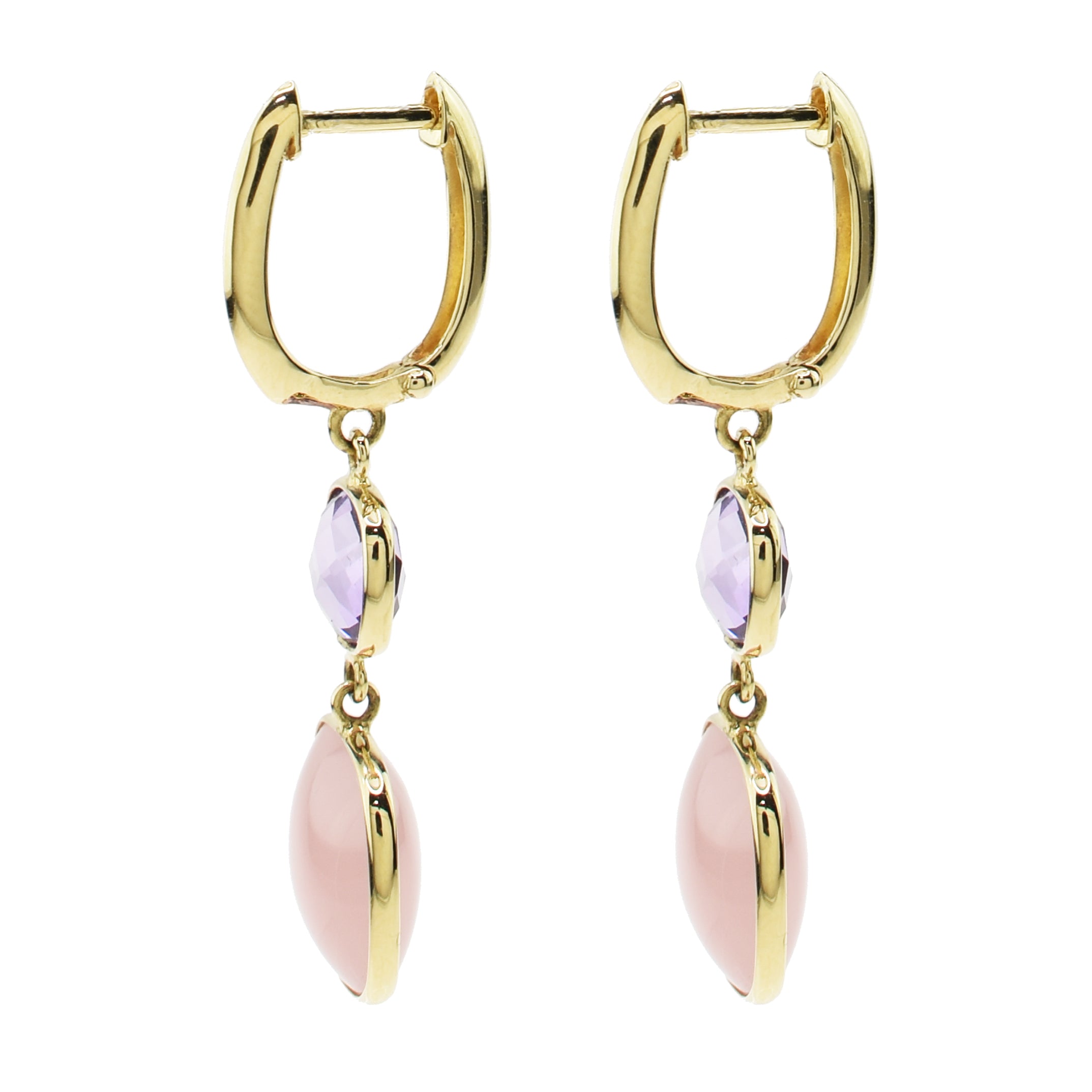 14k Amethyst & Guava Quartz Bezel Dangle Earrings Huggie Hoop