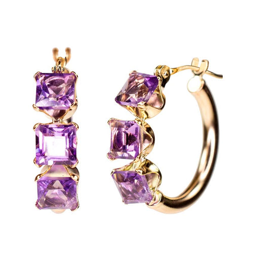 14k Amethyst 3 Square Hoop Earring