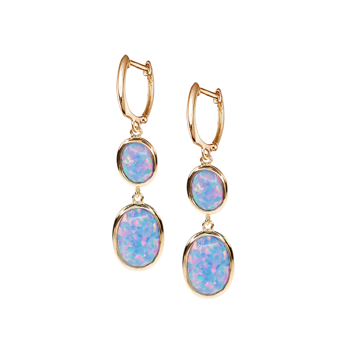 14k Lab Created Opal Blue or White Dual Oval Bezel Hoop Earring