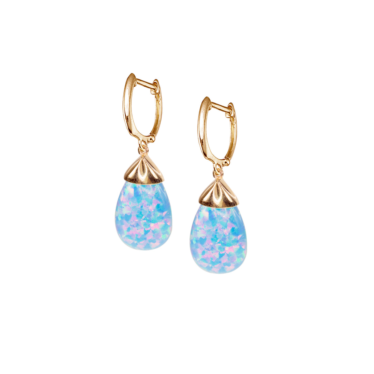 14k Lab Created Opal Blue or White Pear Dangle Hoop Earring