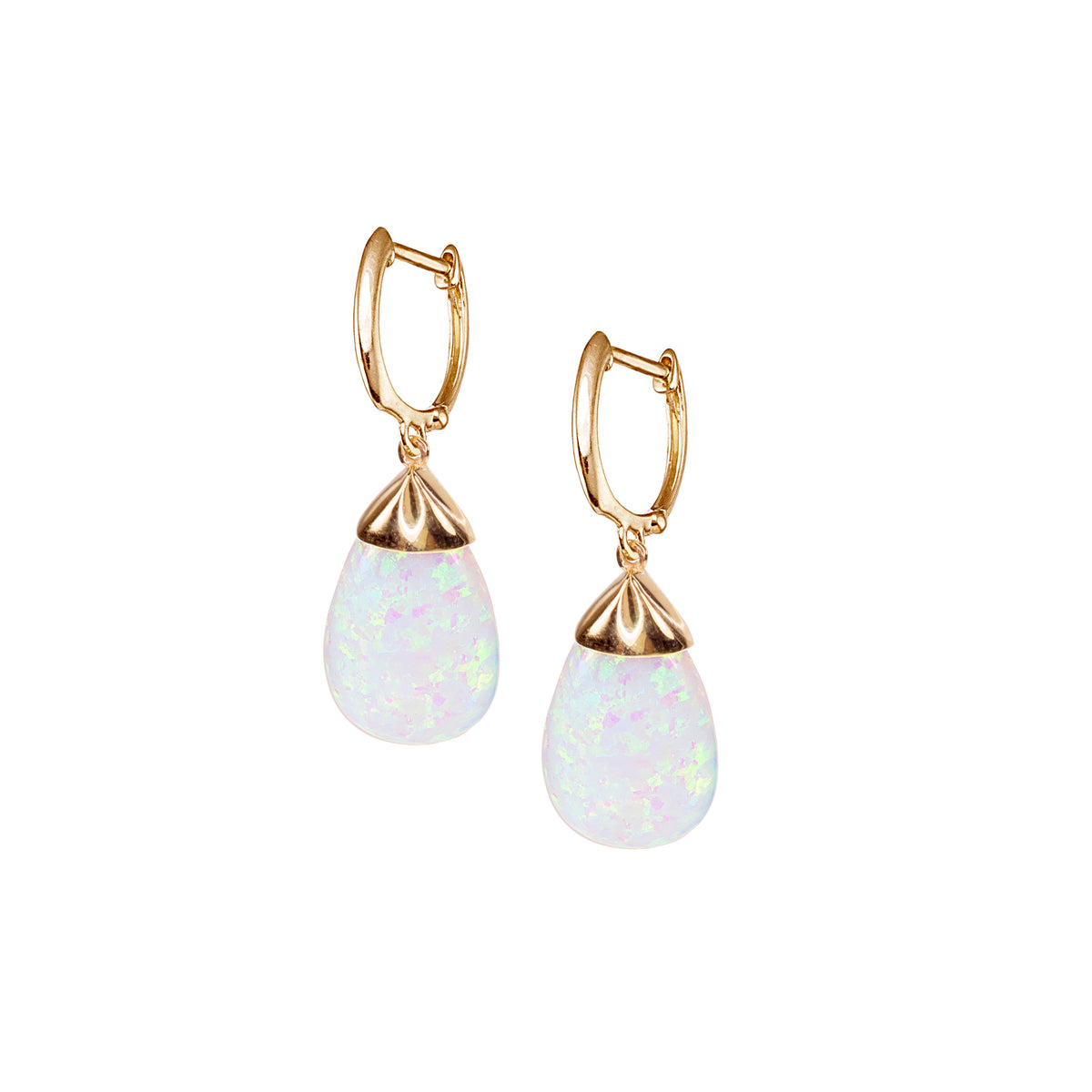 14k Lab Created Opal Blue or White Pear Dangle Hoop Earring