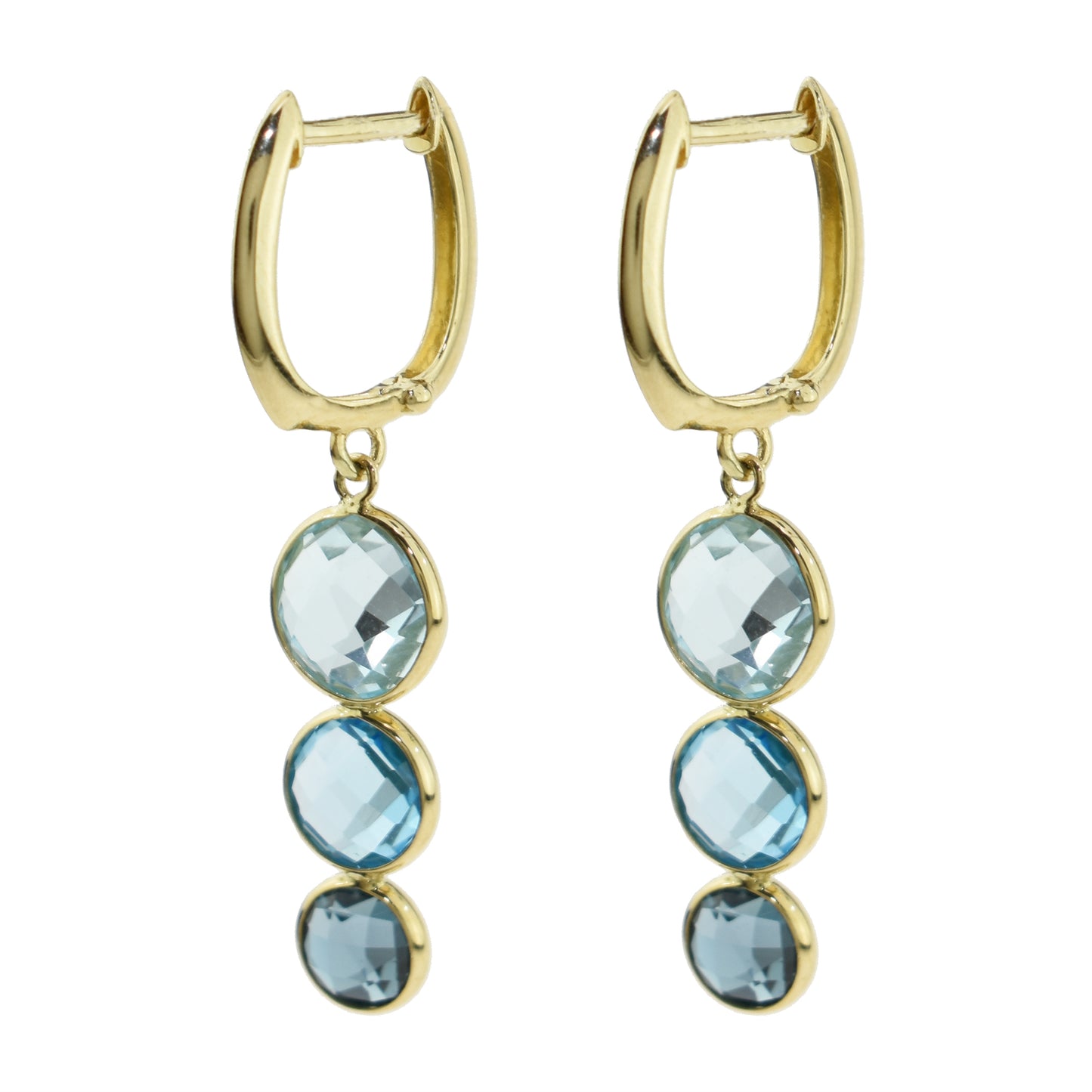 14k Multi Blue Topaz Triple Round Bezel Huggie Hoop Drop Earring