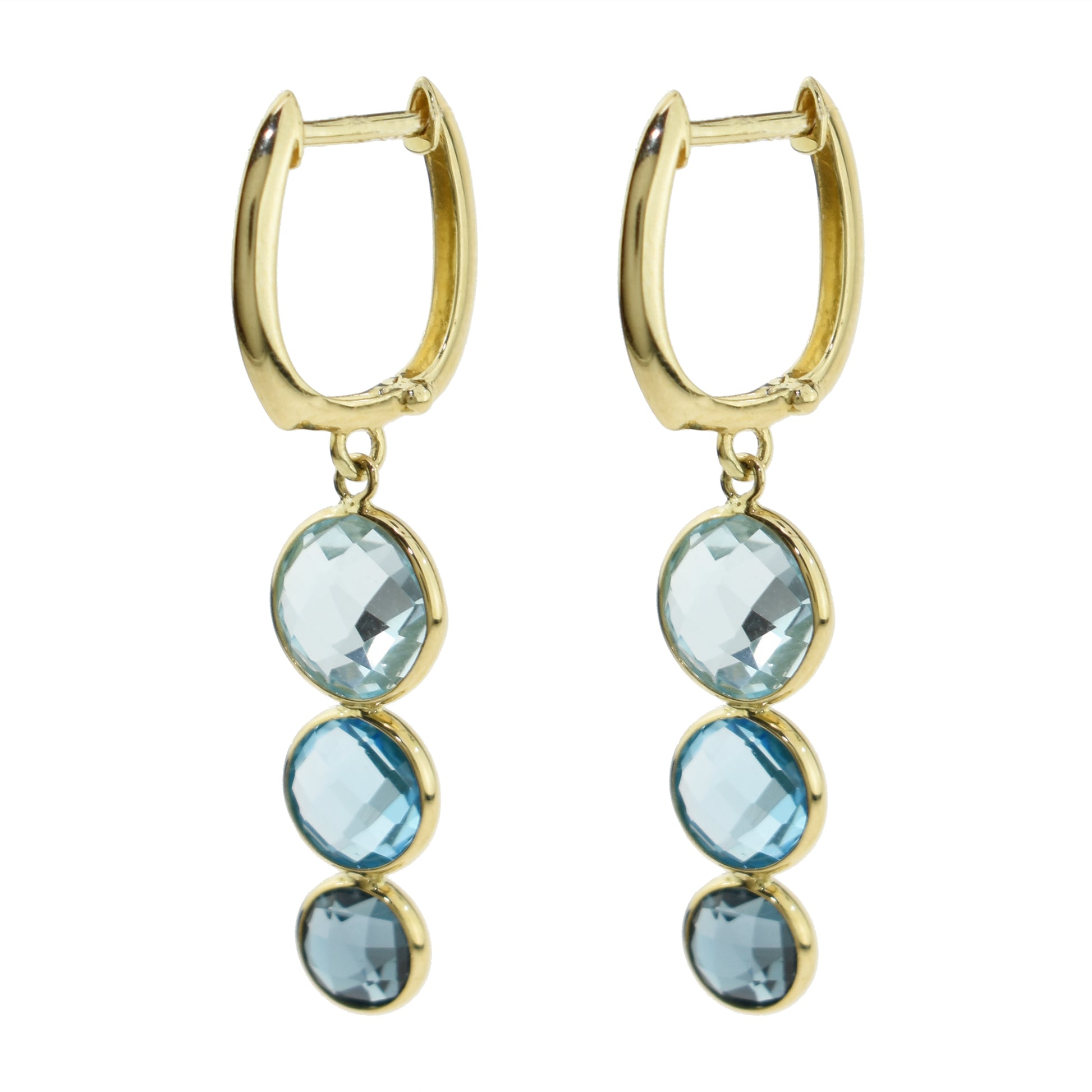 14k Multi Blue Topaz Triple Round Bezel Huggie Hoop Drop Earring