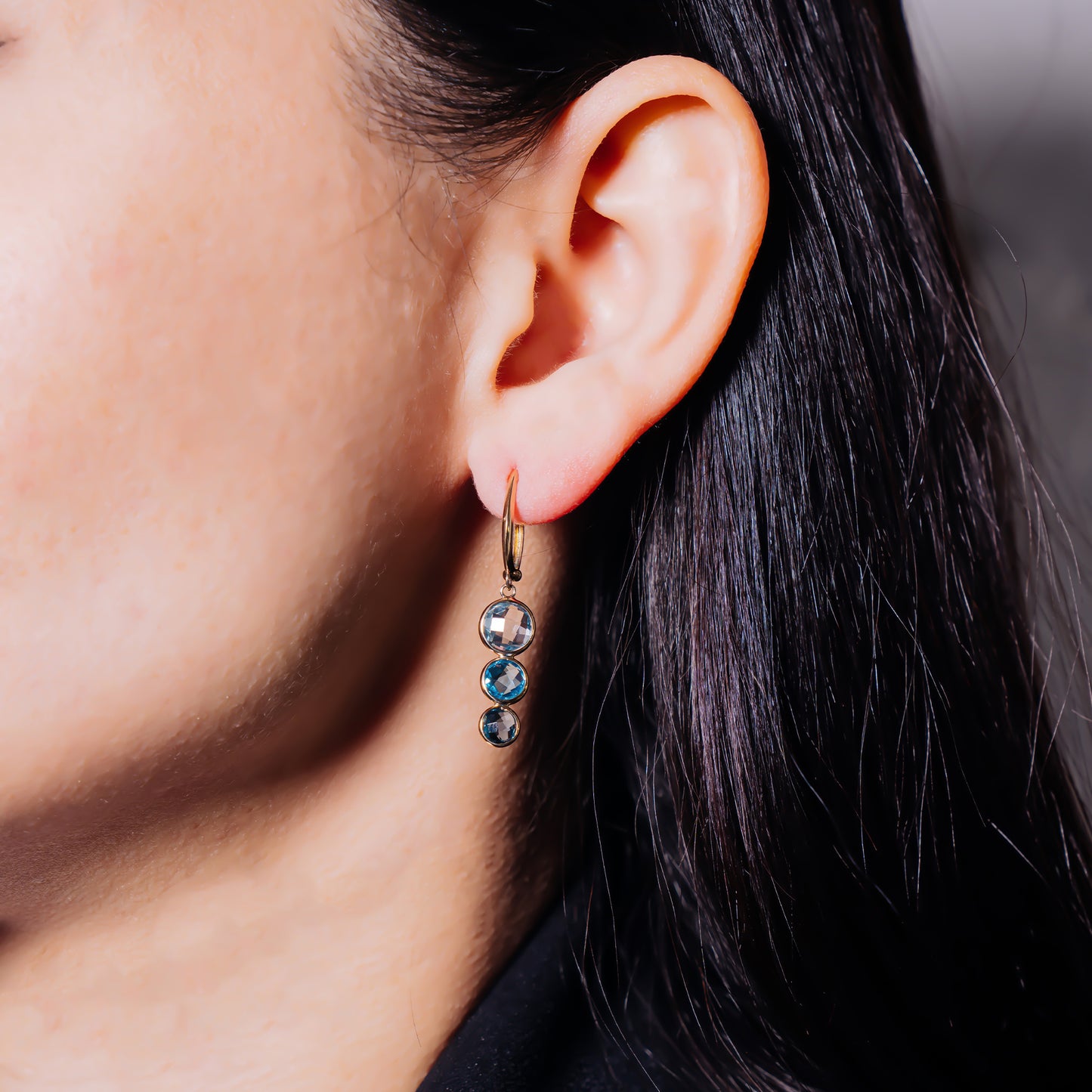 14k Multi Blue Topaz Triple Round Bezel Huggie Hoop Drop Earring