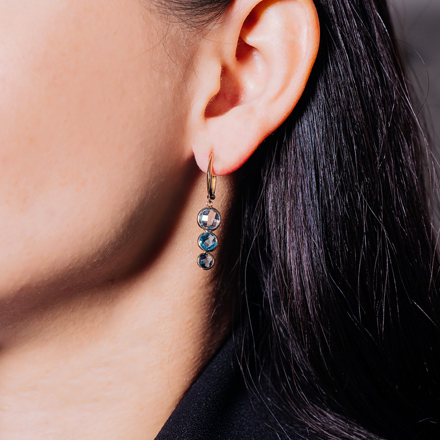 14k Multi Blue Topaz Triple Round Bezel Huggie Hoop Drop Earring