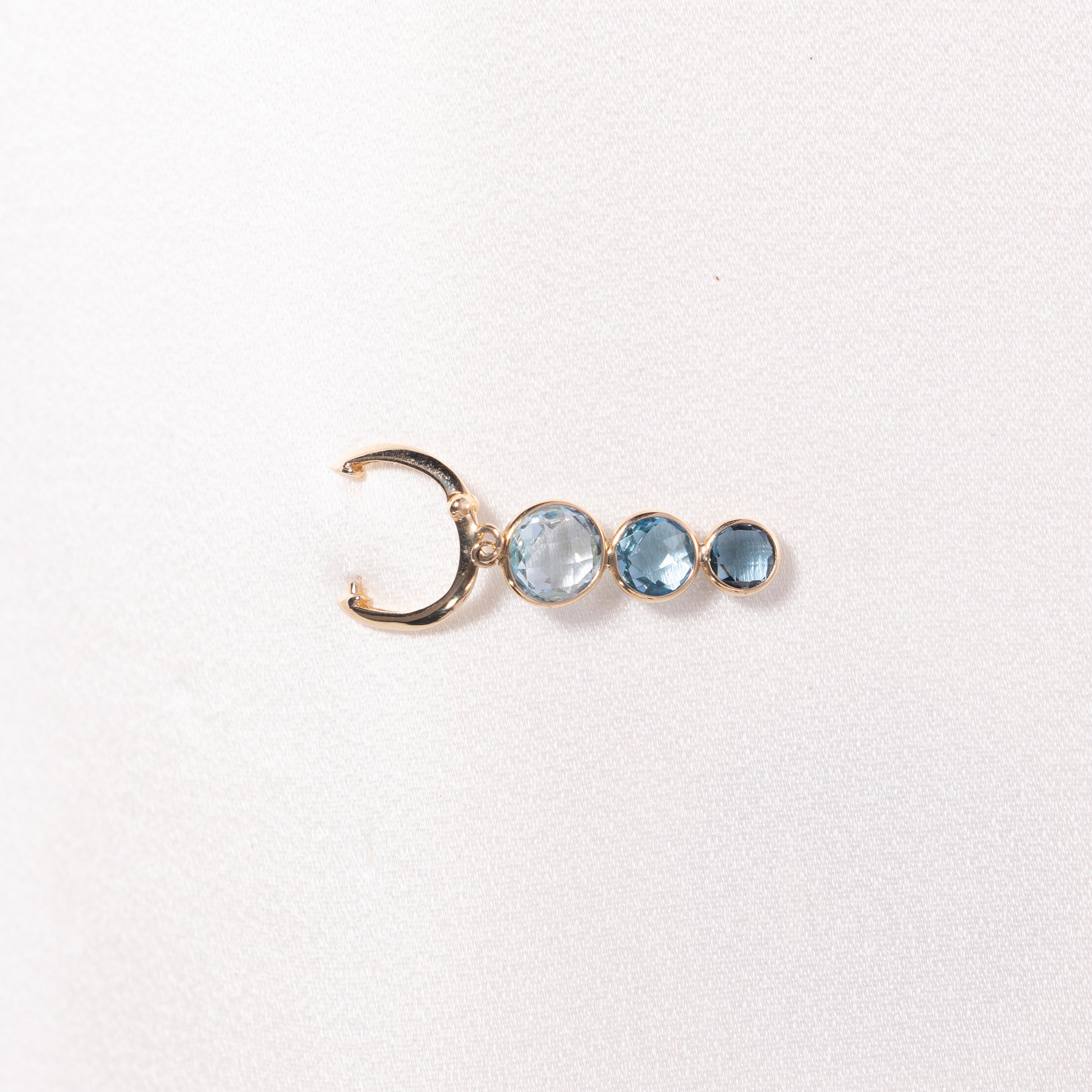 14k Multi Blue Topaz Triple Round Bezel Huggie Hoop Drop Earring