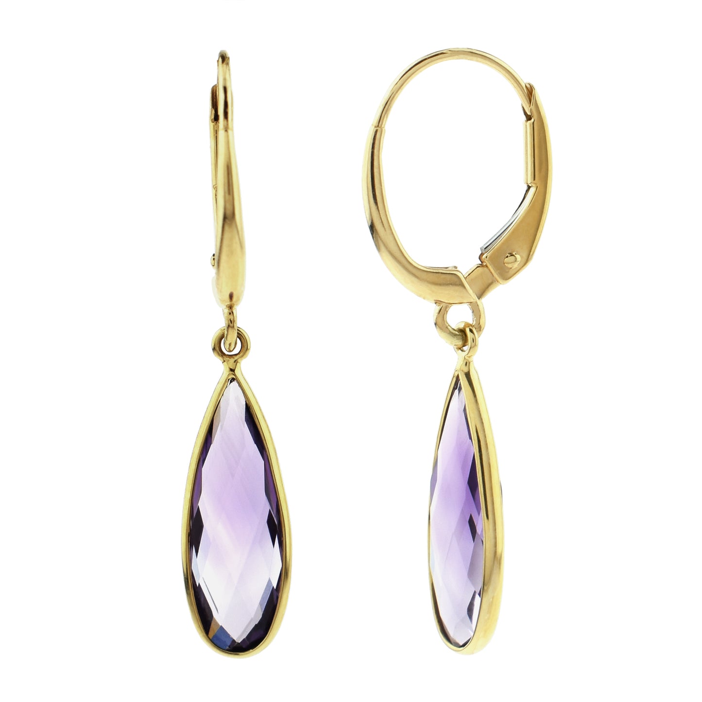 14k Amethyst Pear Bezel Round Leverback Earring