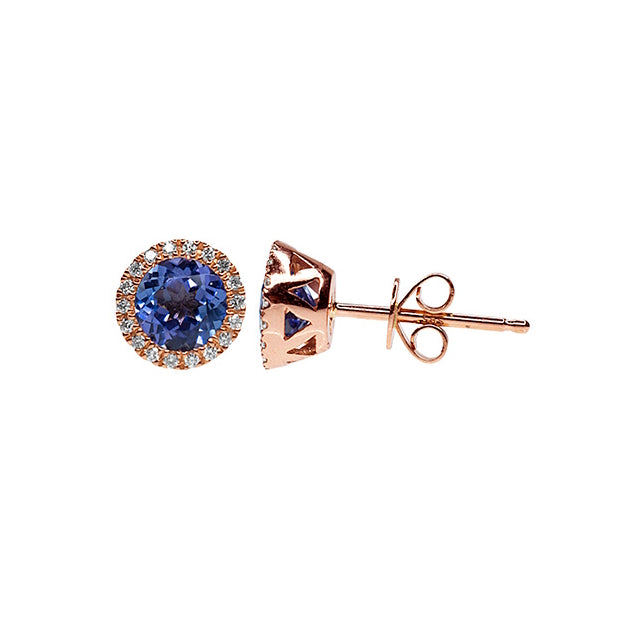 14K Rose Vs Diamond Tanzanite Round Stud Earring