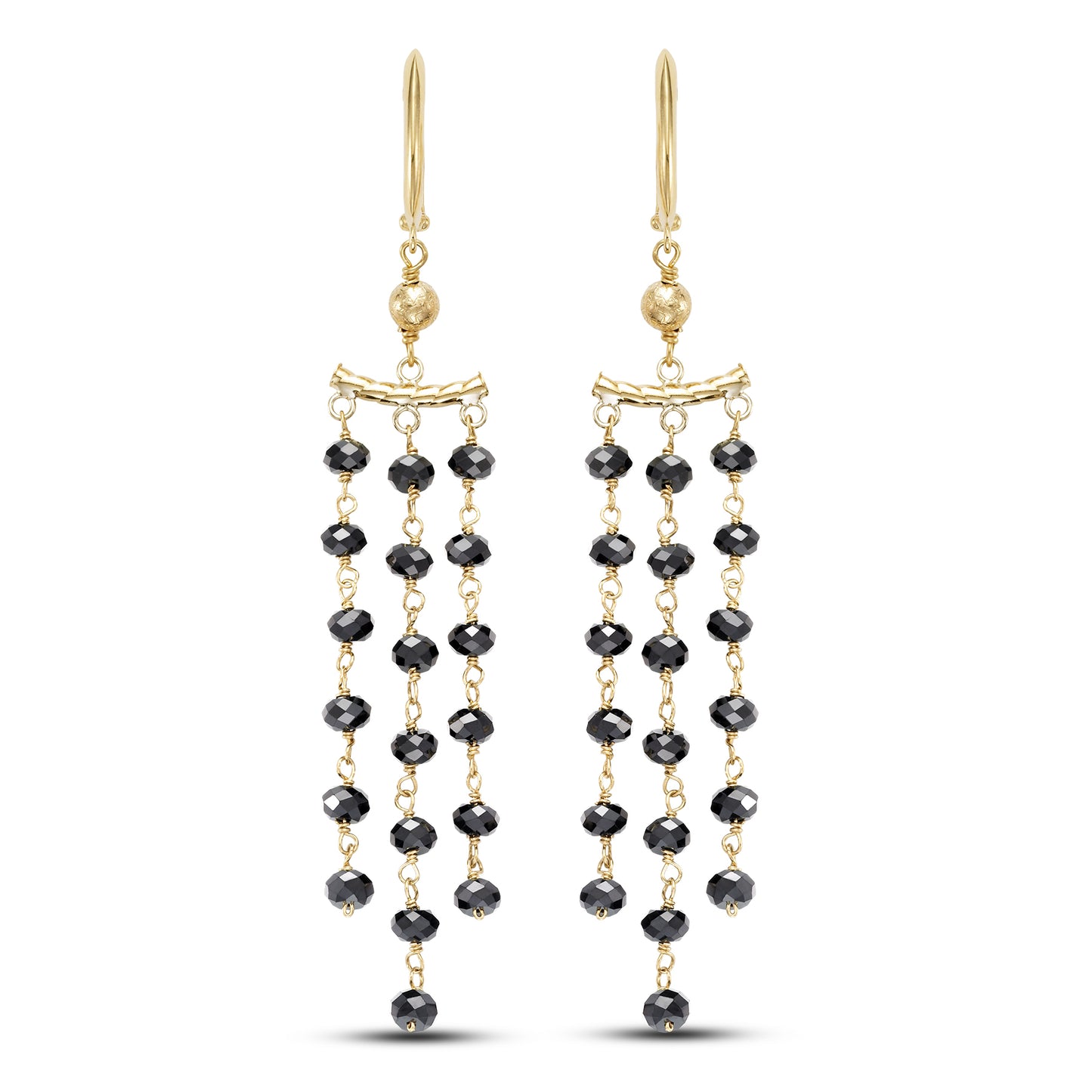 14k Gemstone Roundel 3 Row Link Chandelier Huggie Hoop Earring Black Spinel