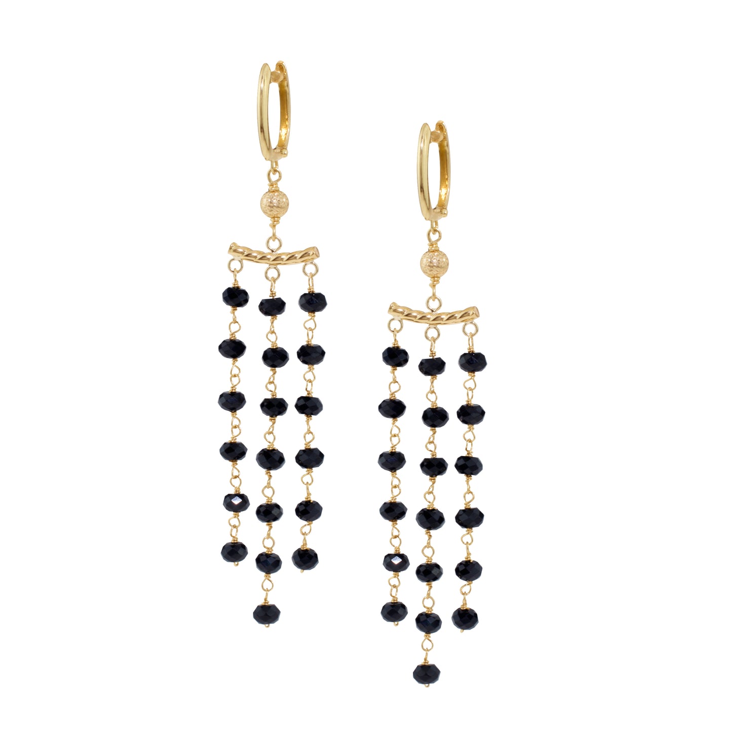 14k Gemstone Roundel 3 Row Link Chandelier Huggie Hoop Earring Black Spinel