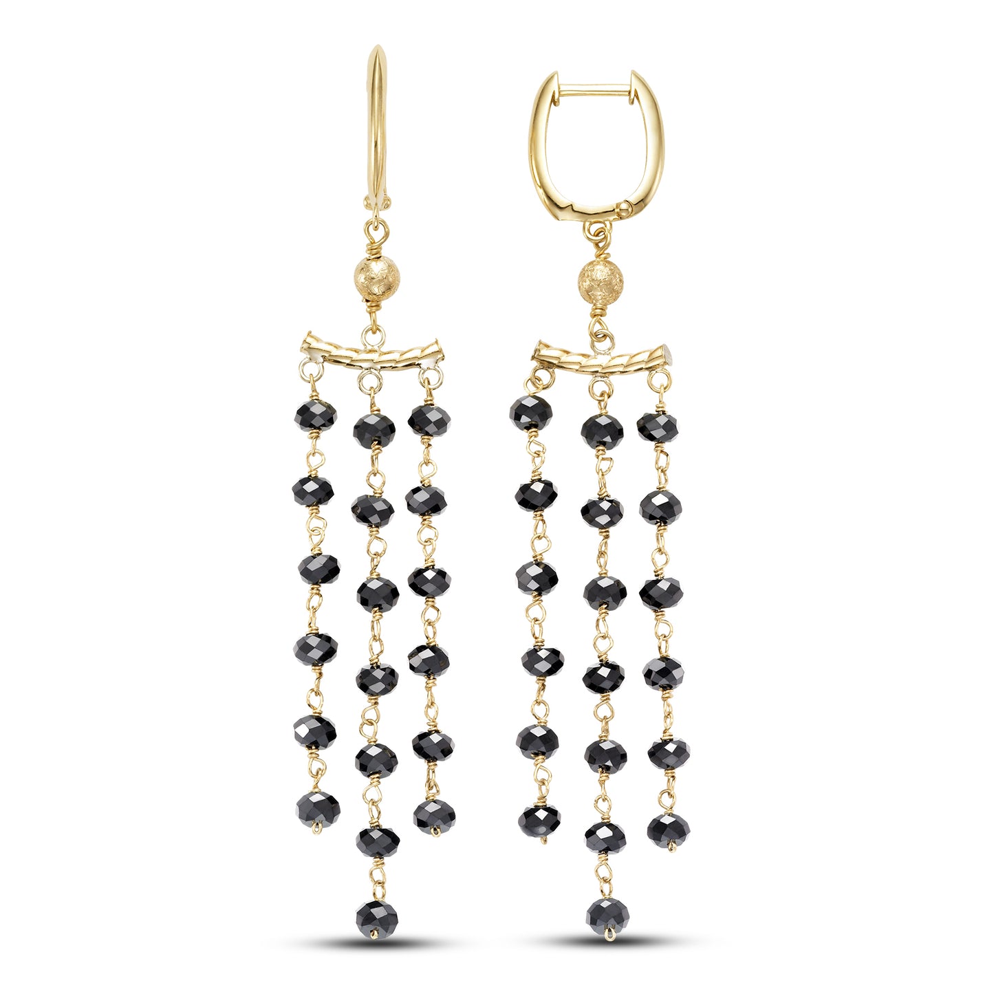 14k Gemstone Roundel 3 Row Link Chandelier Huggie Hoop Earring Black Spinel