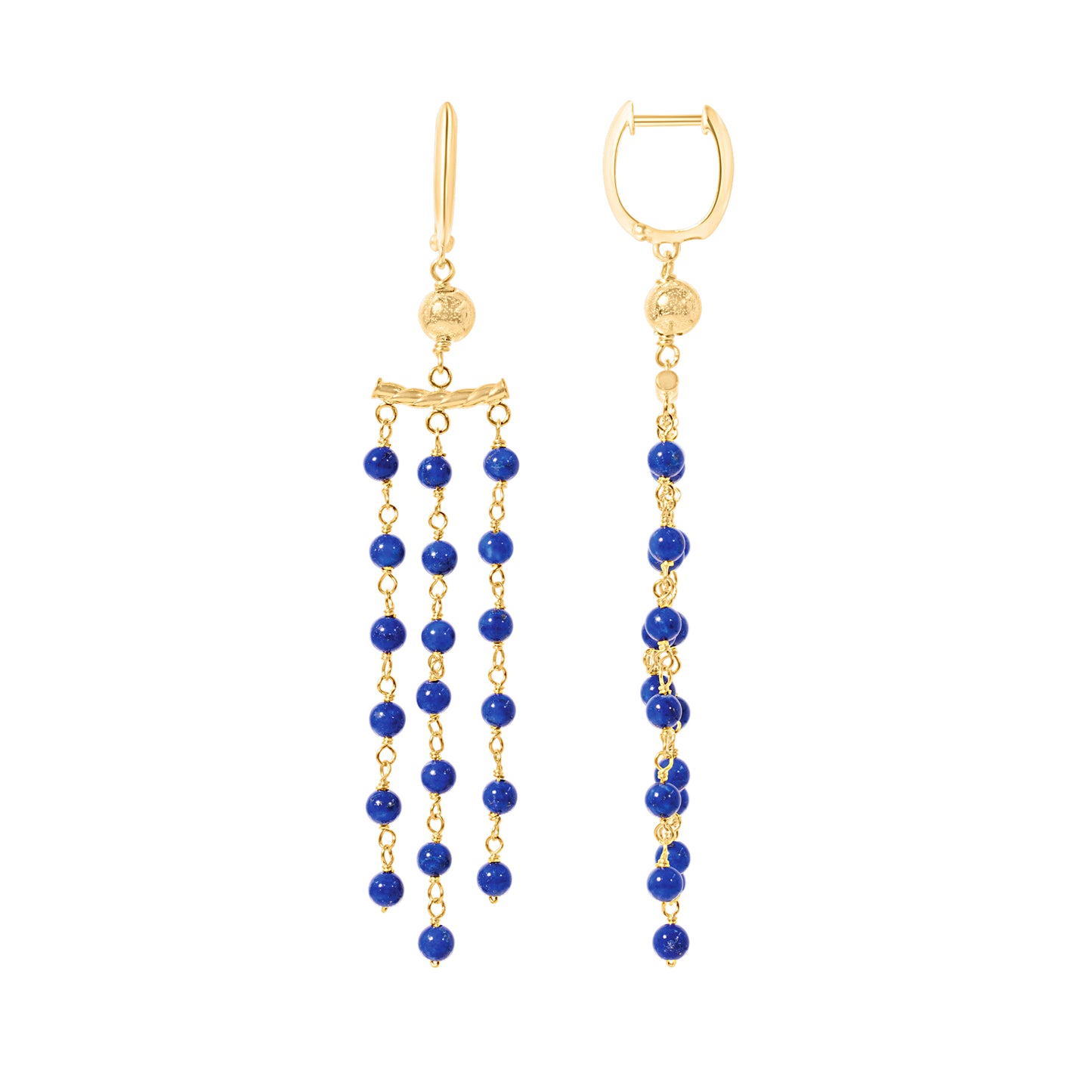 14k Gemstone Roundel 3 Row Link Chandelier Huggie Hoop Earring Lapis