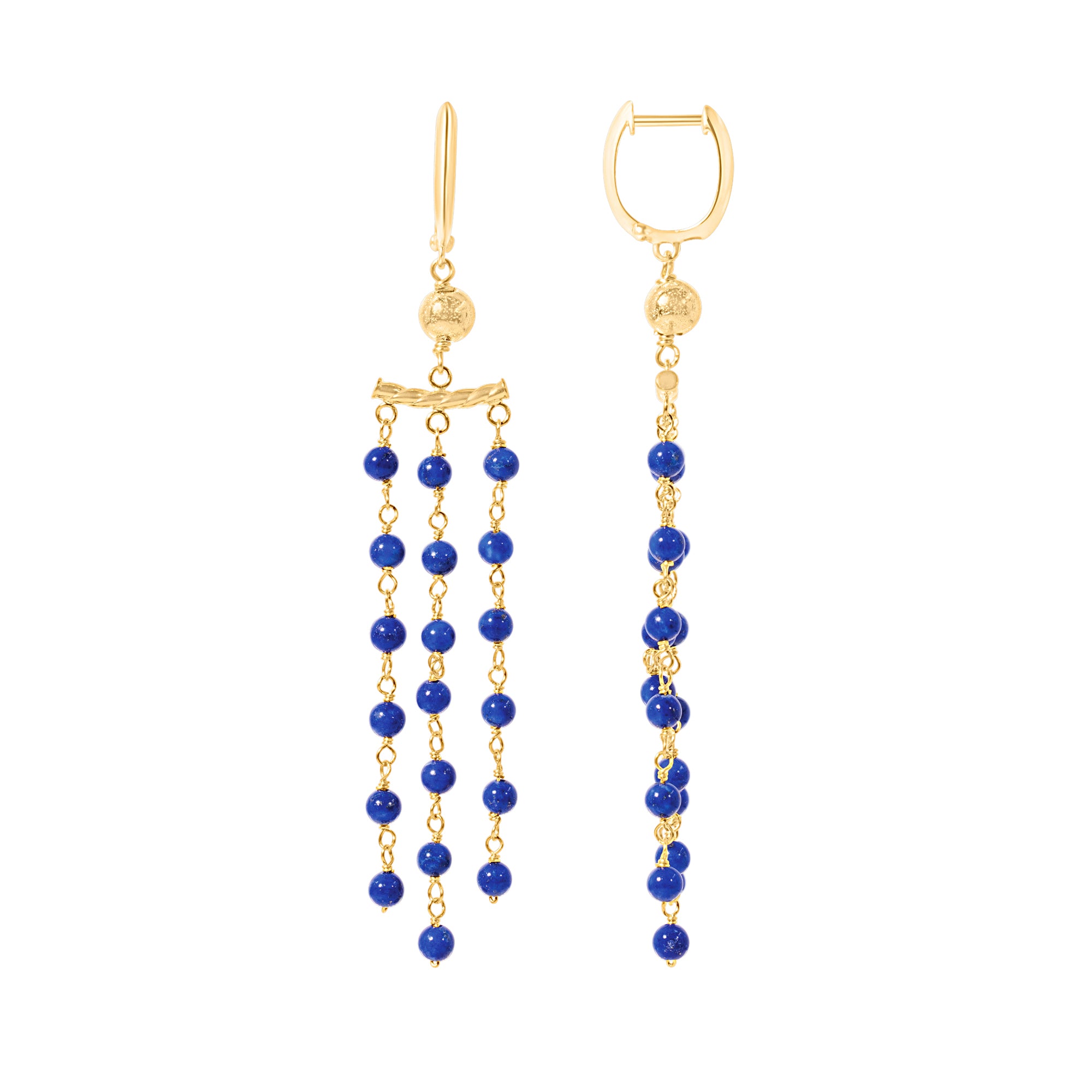 14k Gemstone Roundel 3 Row Link Chandelier Huggie Hoop Earring Lapis