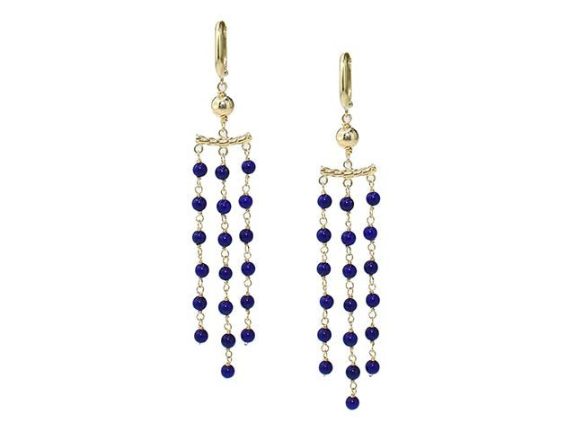 14k Gemstone Roundel 3 Row Link Chandelier Huggie Hoop Earring Lapis