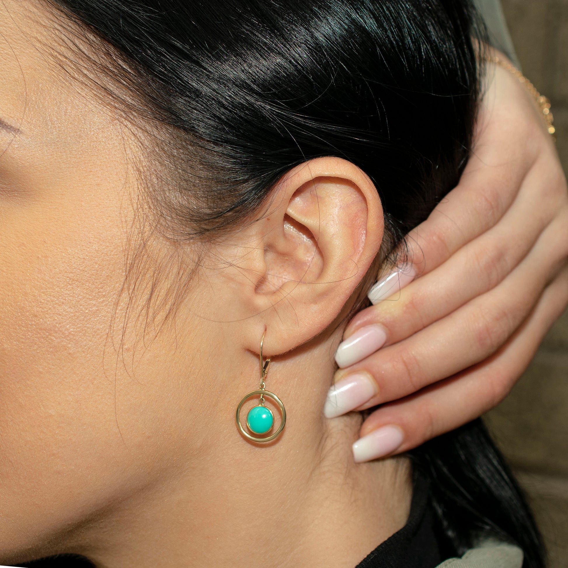 14k Gemstone Halo Hoop Earring Turquoise & Leverback Closure