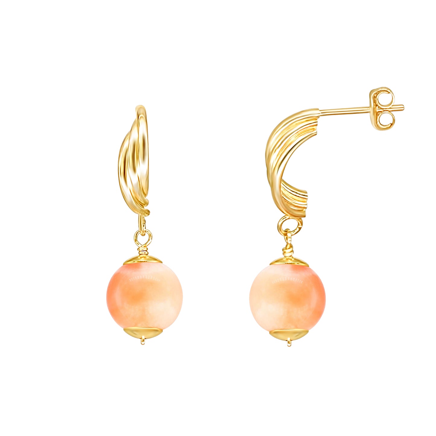 14k Angel Skin Coral Single Bead Drop Earrings