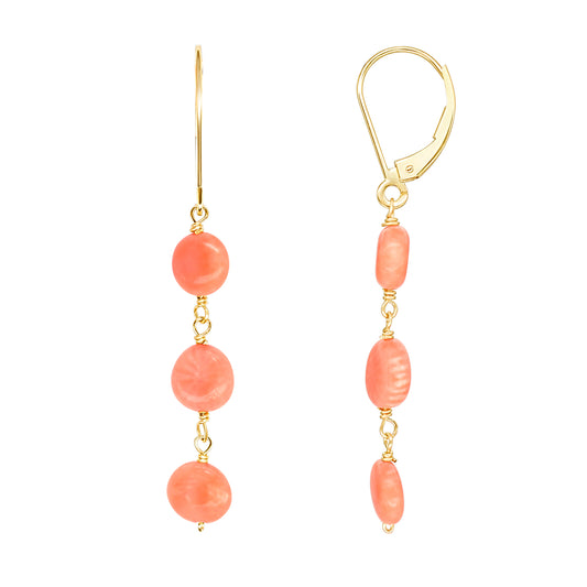 14k Angel Skin Coral Rondelle Linear Leverback Earrings