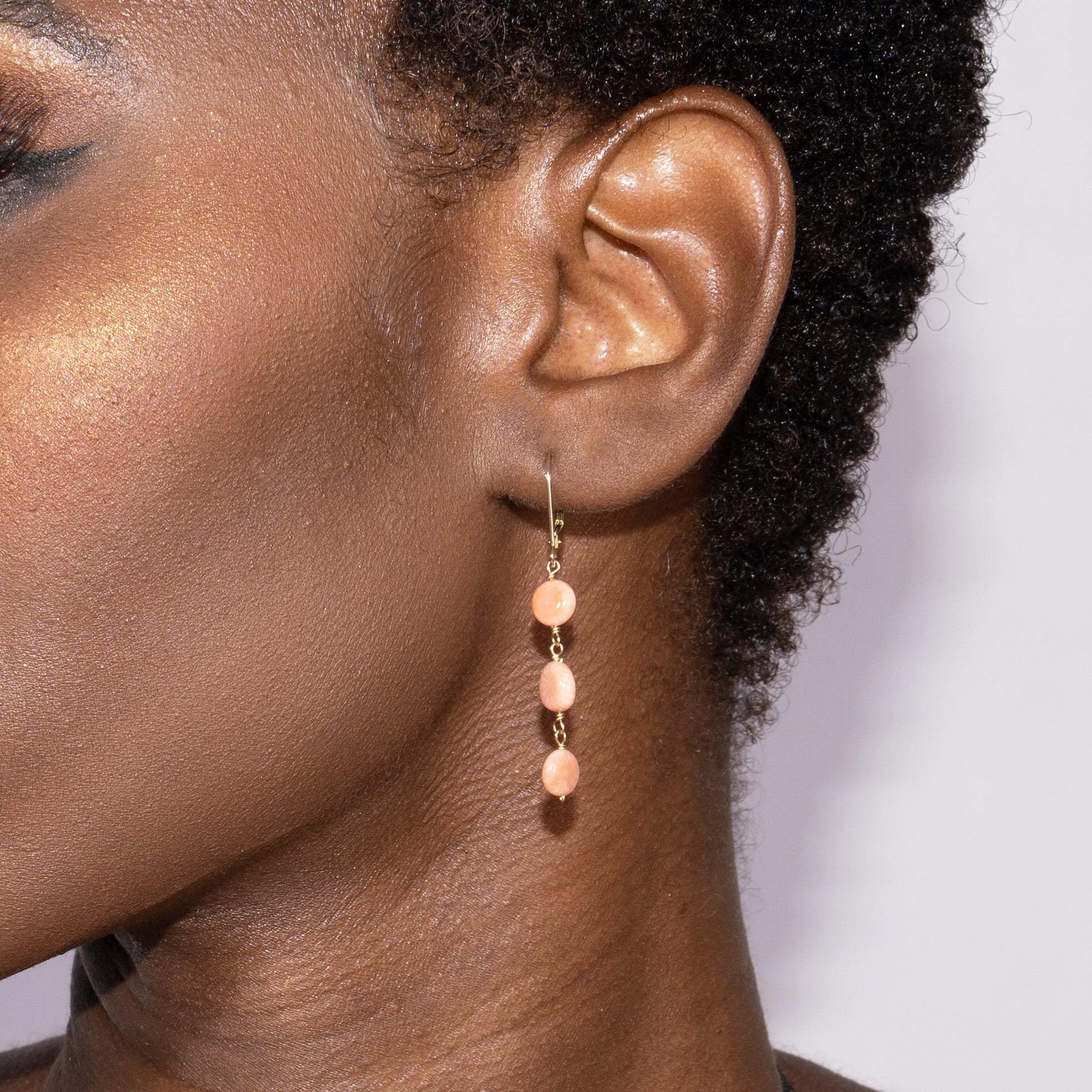 14k Angel Skin Coral Rondelle Linear Leverback Earrings