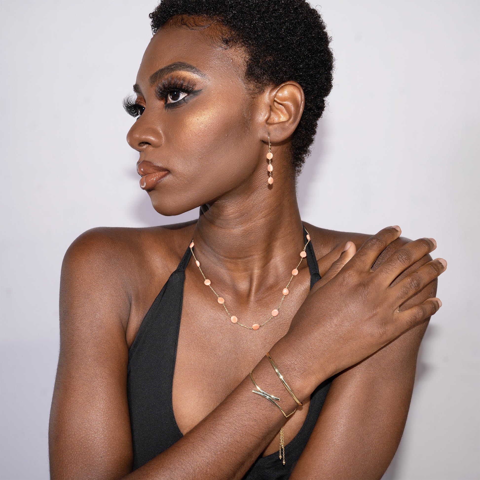 14k Angel Skin Coral Rondelle Linear Leverback Earrings