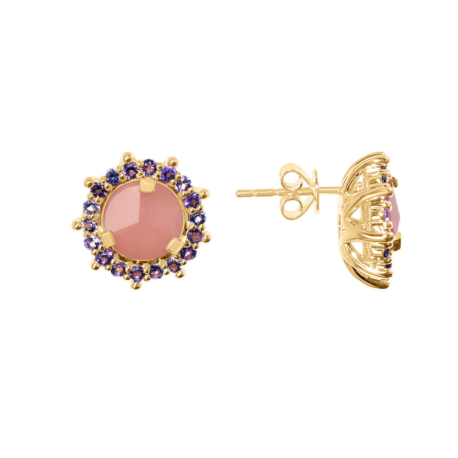 14k Guava Quartz 3D Cut Amethyst Round Stud Earrings