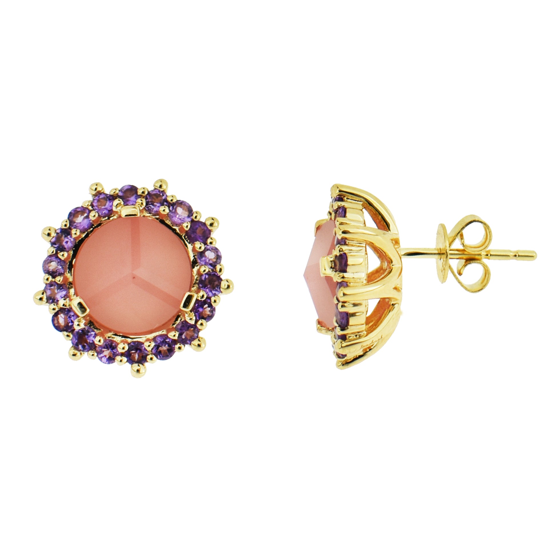 14k Guava Quartz 3D Cut Amethyst Round Stud Earrings