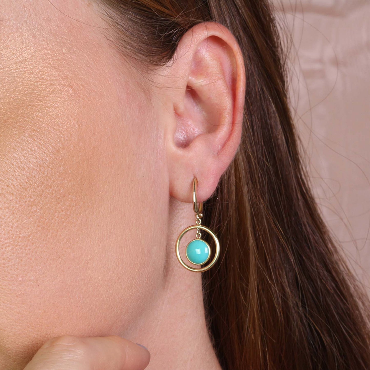 14k Gemstone Halo Hoop Earring Turquoise