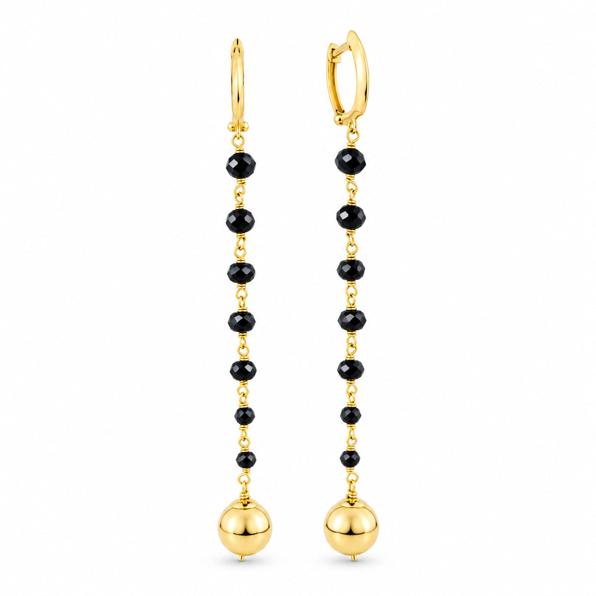 14k Black Spinel Gold Ball Beaded Dangle Earring