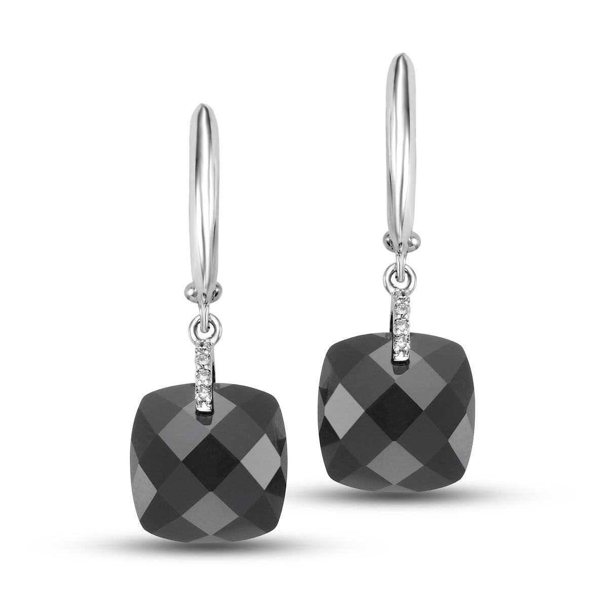 14k White Gold Black Onyx VS Diamond Huggie Hoop Drop Earrings