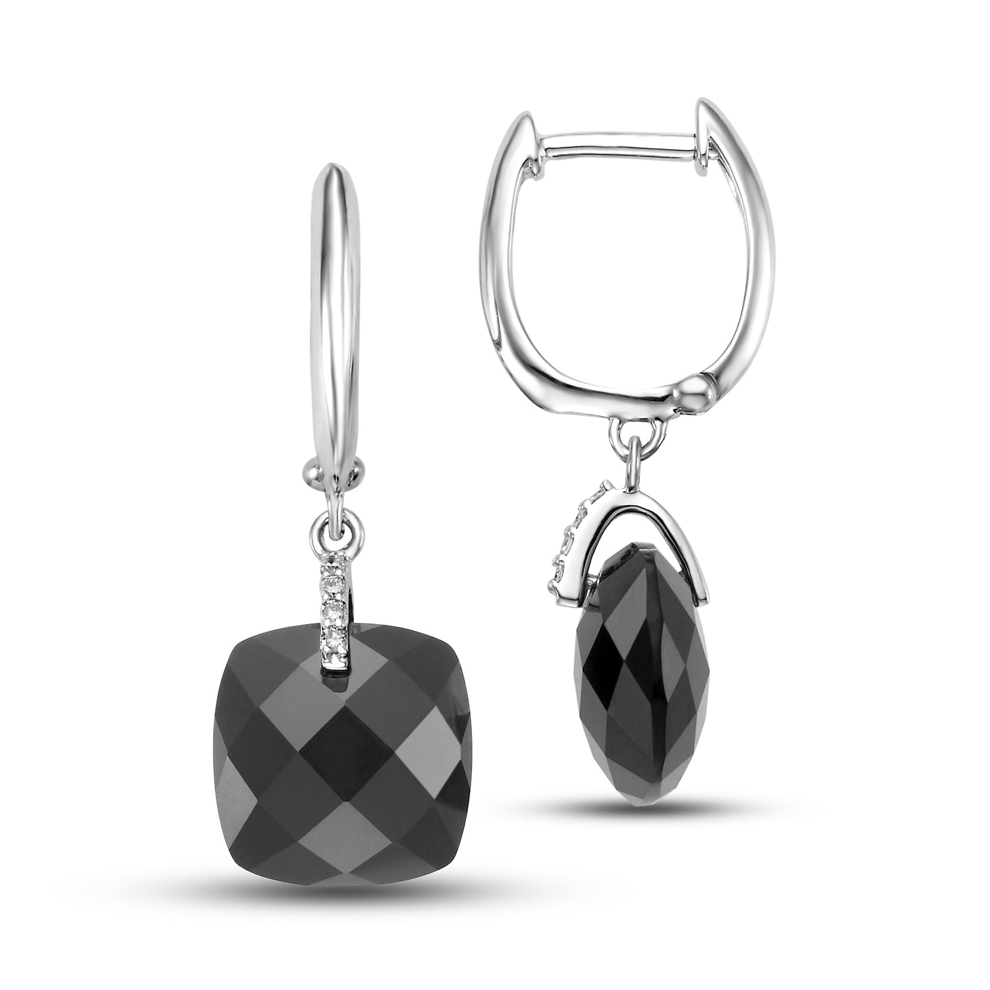 14k White Gold Black Onyx VS Diamond Huggie Hoop Drop Earring