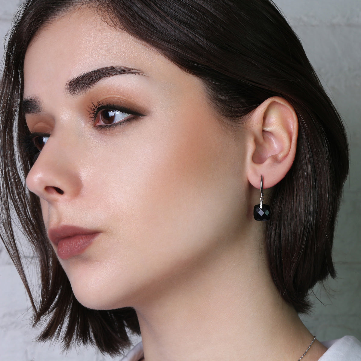 14k White Gold Black Onyx VS Diamond Huggie Hoop Drop Earrings