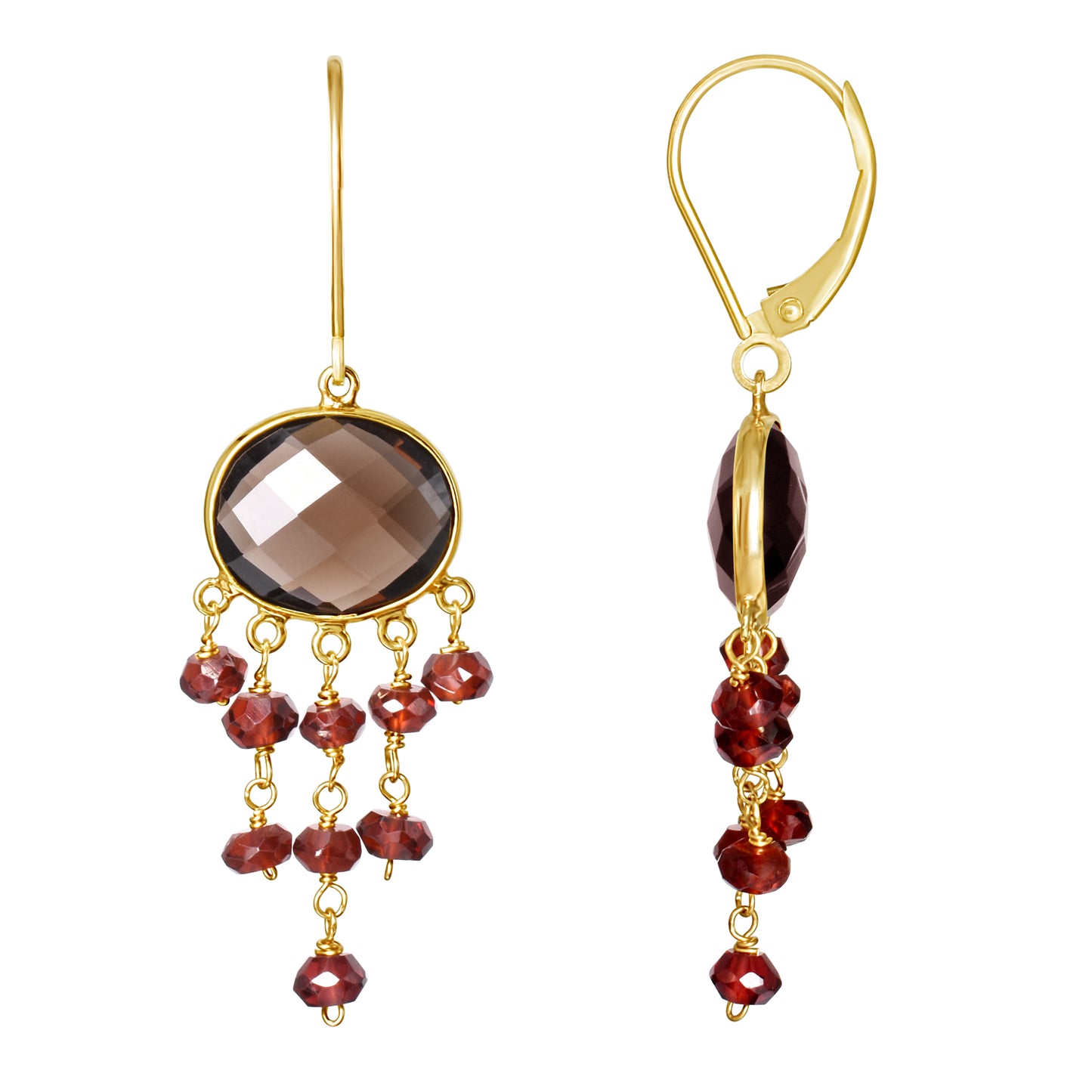 14k Smoky Quartz and Garnet Leverback Dangle Earrings