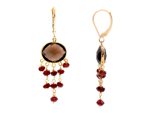 14k Smoky Quartz and Garnet Leverback Dangle Earrings