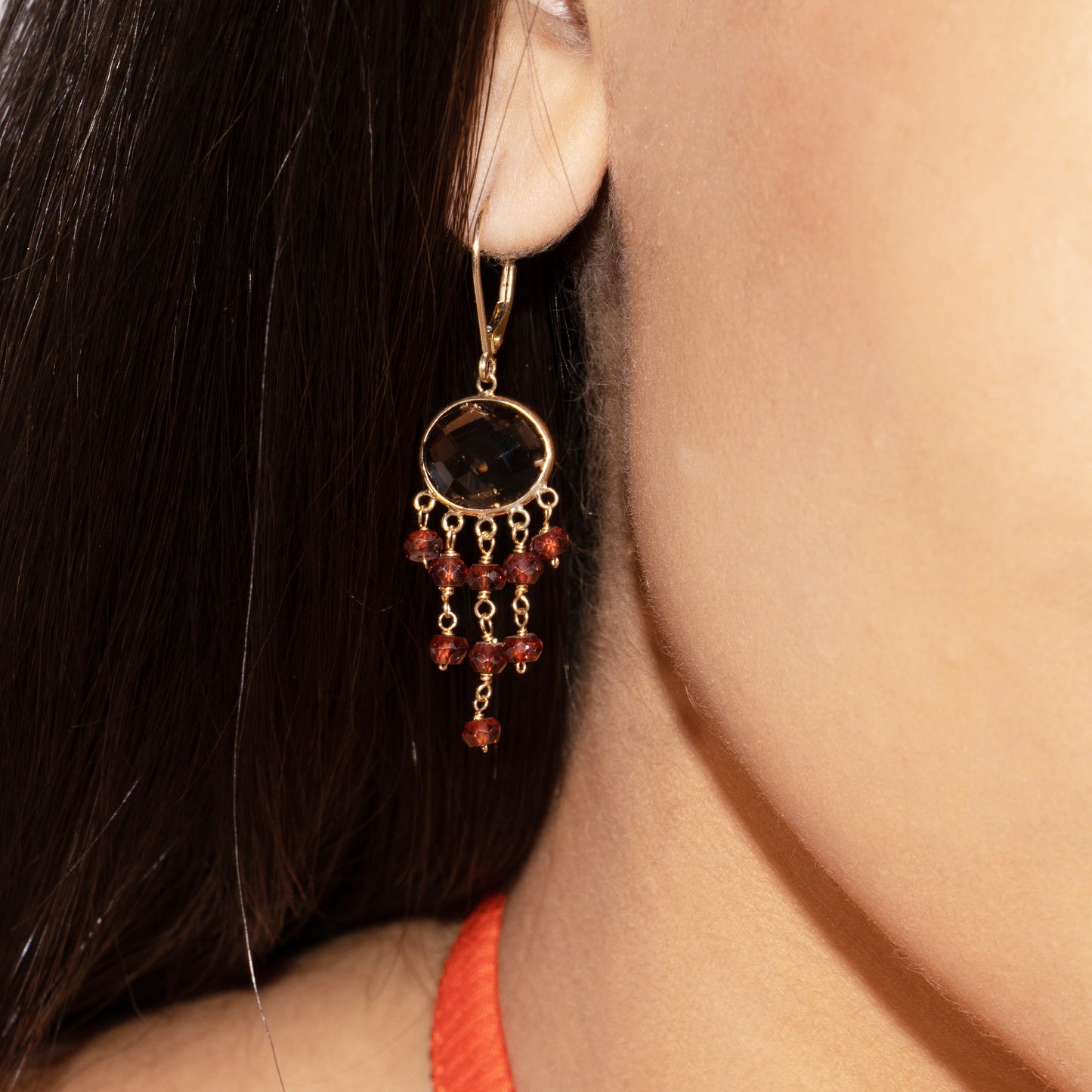 14k Smoky Quartz and Garnet Leverback Dangle Earrings
