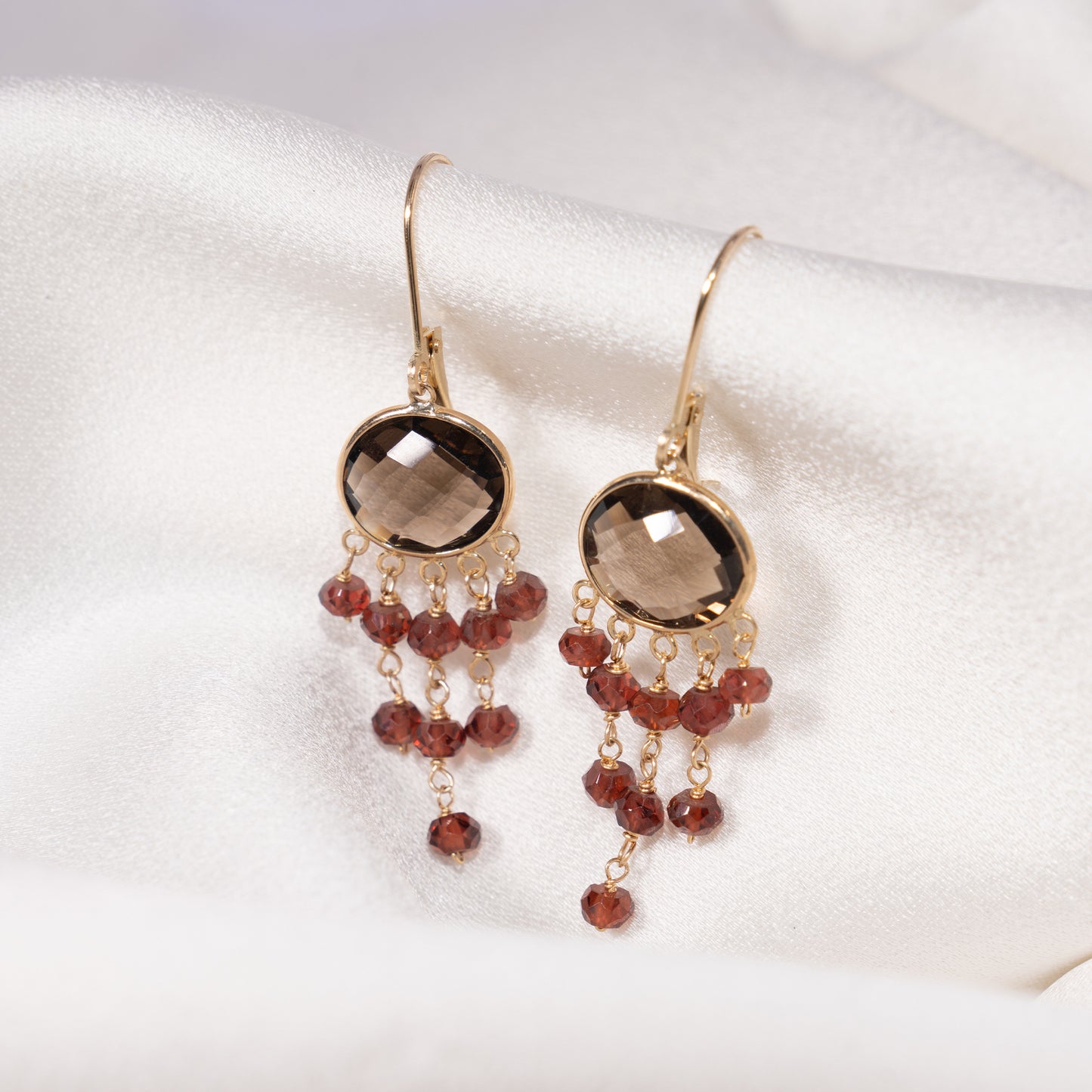 14k Smoky Quartz and Garnet Leverback Dangle Earrings